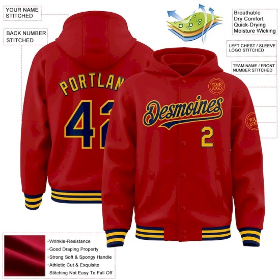 Custom Red Navy-Gold Bomber Full-Snap Varsity Letterman Hoodie Jacket Custom Red Navy-Gold Bomber Full-Snap Varsity Letterman Hoodie Jacket
