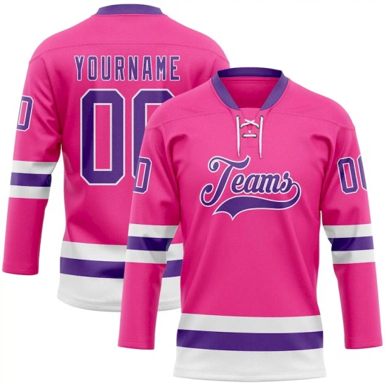 Custom Pink Purple-White Hockey Lace Neck Jersey Custom Pink Purple-White Hockey Lace Neck Jersey