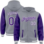 Custom Gray Purple-White Bomber Full-Snap Varsity Letterman Two Tone Hoodie Jacket Custom Gray Purple-White Bomber Full-Snap Varsity Letterman Two Tone Hoodie Jacket