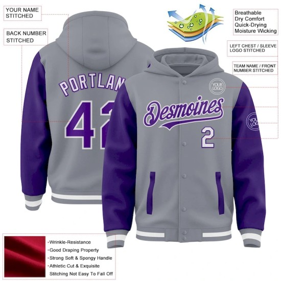Custom Gray Purple-White Bomber Full-Snap Varsity Letterman Two Tone Hoodie Jacket Custom Gray Purple-White Bomber Full-Snap Varsity Letterman Two Tone Hoodie Jacket