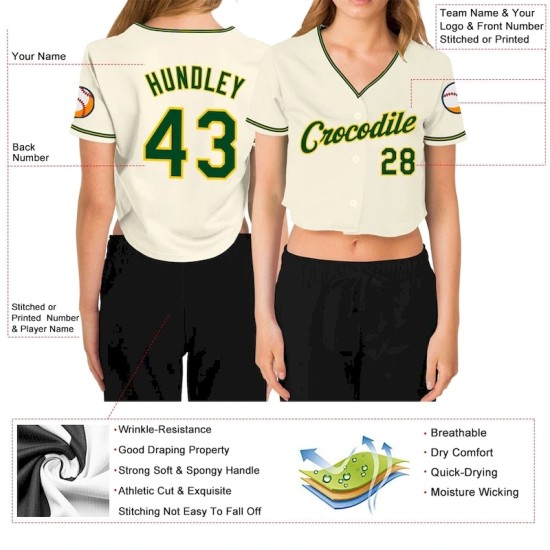 Custom Women's Cream Green-Gold V-Neck Cropped Baseball Jersey Custom Women's Cream Green-Gold V-Neck Cropped Baseball Jersey