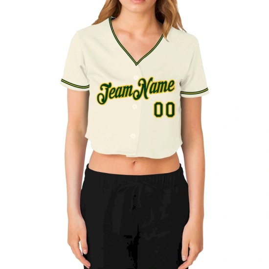Custom Women's Cream Green-Gold V-Neck Cropped Baseball Jersey Custom Women's Cream Green-Gold V-Neck Cropped Baseball Jersey