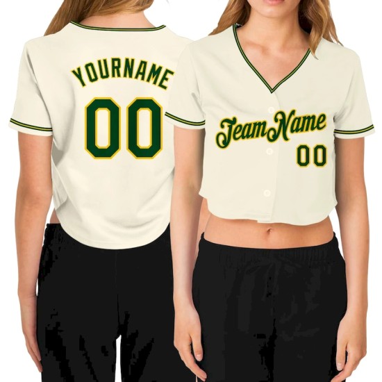 Custom Women's Cream Green-Gold V-Neck Cropped Baseball Jersey Custom Women's Cream Green-Gold V-Neck Cropped Baseball Jersey