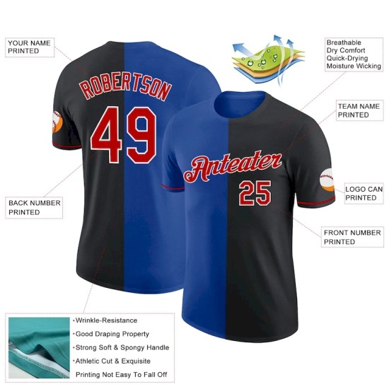 Custom Black Red-Royal Split Fashion Performance T-Shirt Custom Black Red-Royal Split Fashion Performance T-Shirt