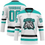 Custom White Aqua-Black Hockey Lace Neck Jersey Custom White Aqua-Black Hockey Lace Neck Jersey