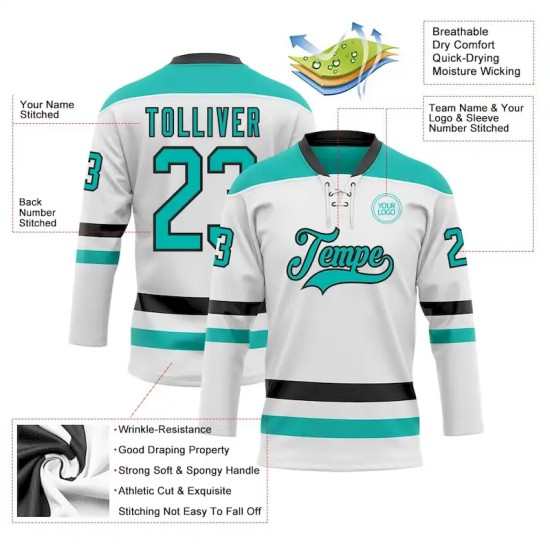 Custom White Aqua-Black Hockey Lace Neck Jersey Custom White Aqua-Black Hockey Lace Neck Jersey