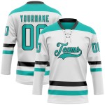 Custom White Aqua-Black Hockey Lace Neck Jersey Custom White Aqua-Black Hockey Lace Neck Jersey