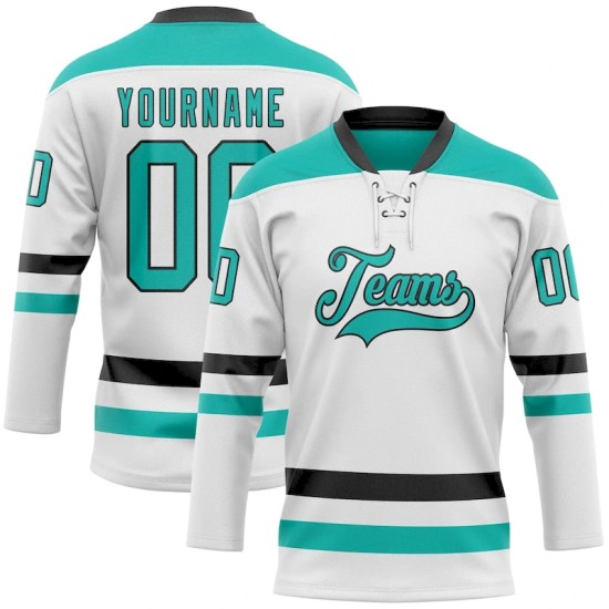 Custom White Aqua-Black Hockey Lace Neck Jersey Custom White Aqua-Black Hockey Lace Neck Jersey