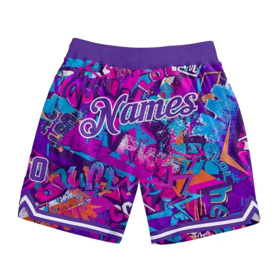 Custom Graffiti Pattern Purple-White 3D Words Authentic Basketball Shorts Custom Graffiti Pattern Purple-White 3D Words Authentic Basketball Shorts