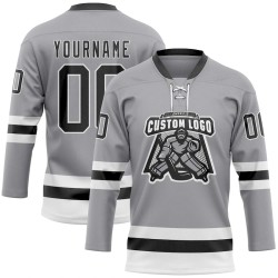 Custom Gray Black-White Hockey Lace Neck Jersey Custom Gray Black-White Hockey Lace Neck Jersey