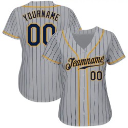 Custom Gray Navy Pinstripe Navy-Gold Authentic Baseball Jersey Custom Gray Navy Pinstripe Navy-Gold Authentic Baseball Jersey