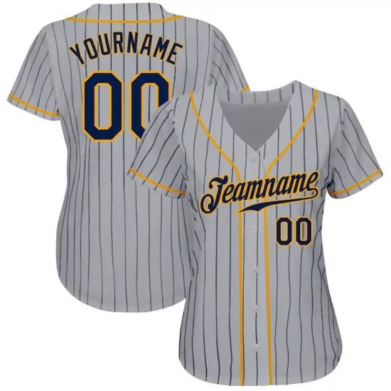 Custom Gray Navy Pinstripe Navy-Gold Authentic Baseball Jersey Custom Gray Navy Pinstripe Navy-Gold Authentic Baseball Jersey