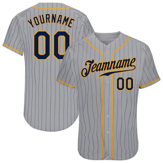Custom Gray Navy Pinstripe Navy-Gold Authentic Baseball Jersey Custom Gray Navy Pinstripe Navy-Gold Authentic Baseball Jersey
