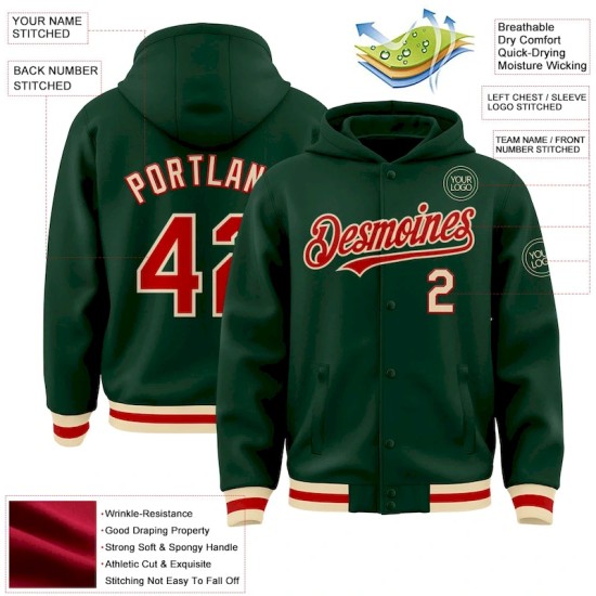 Custom Green Red-Cream Bomber Full-Snap Varsity Letterman Hoodie Jacket Custom Green Red-Cream Bomber Full-Snap Varsity Letterman Hoodie Jacket