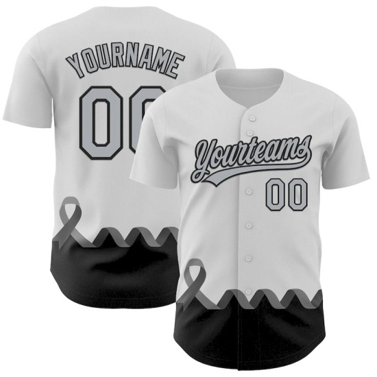 Custom White Gray-Black 3D Brain Cancer Ribbon Authentic Baseball Jersey Custom White Gray-Black 3D Brain Cancer Ribbon Authentic Baseball Jersey