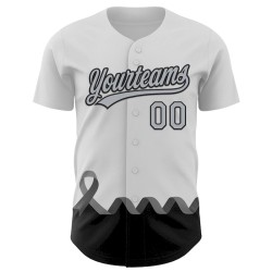 Custom White Gray-Black 3D Brain Cancer Ribbon Authentic Baseball Jersey