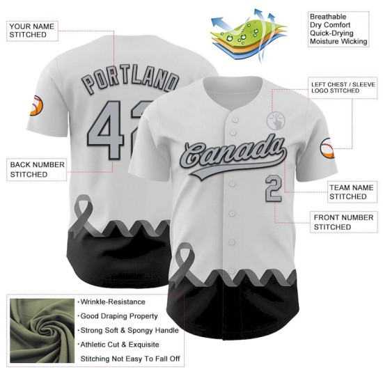 Custom White Gray-Black 3D Brain Cancer Ribbon Authentic Baseball Jersey Custom White Gray-Black 3D Brain Cancer Ribbon Authentic Baseball Jersey