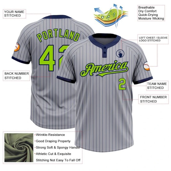 Custom Gray Navy Pinstripe Neon Green Two-Button Unisex Softball Jersey Custom Gray Navy Pinstripe Neon Green Two-Button Unisex Softball Jersey
