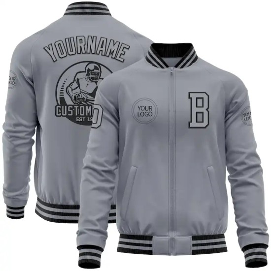 Custom Gray Black Bomber Varsity Letterman Zipper Jacket Custom Gray Black Bomber Varsity Letterman Zipper Jacket