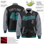 Custom Black Teal-Gray Bomber Full-Snap Varsity Letterman Two Tone Lapel Collar Byron Jacket Custom Black Teal-Gray Bomber Full-Snap Varsity Letterman Two Tone Lapel Collar Byron Jacket