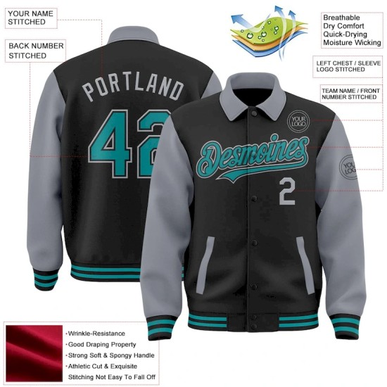 Custom Black Teal-Gray Bomber Full-Snap Varsity Letterman Two Tone Lapel Collar Byron Jacket Custom Black Teal-Gray Bomber Full-Snap Varsity Letterman Two Tone Lapel Collar Byron Jacket