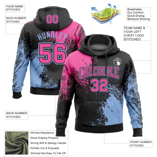 Custom Stitched Black Pink-Light Blue 3D Pattern Design Abstract Brush Stroke Sports Pullover Sweatshirt Hoodie Custom Stitched Black Pink-Light Blue 3D Pattern Design Abstract Brush Stroke Sports Pullover Sweatshirt Hoodie