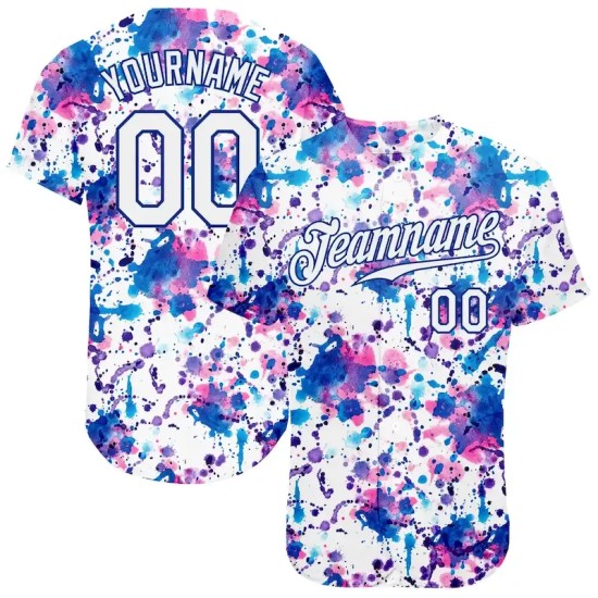 Custom Graffiti Pattern White-Royal 3D Abstract Watercolor Authentic Baseball Jersey Custom Graffiti Pattern White-Royal 3D Abstract Watercolor Authentic Baseball Jersey