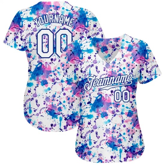 Custom Graffiti Pattern White-Royal 3D Abstract Watercolor Authentic Baseball Jersey Custom Graffiti Pattern White-Royal 3D Abstract Watercolor Authentic Baseball Jersey