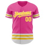 Custom Pink Yellow-White Line Authentic Baseball Jersey Custom Pink Yellow-White Line Authentic Baseball Jersey