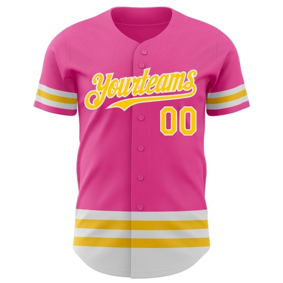 Custom Pink Yellow-White Line Authentic Baseball Jersey Custom Pink Yellow-White Line Authentic Baseball Jersey